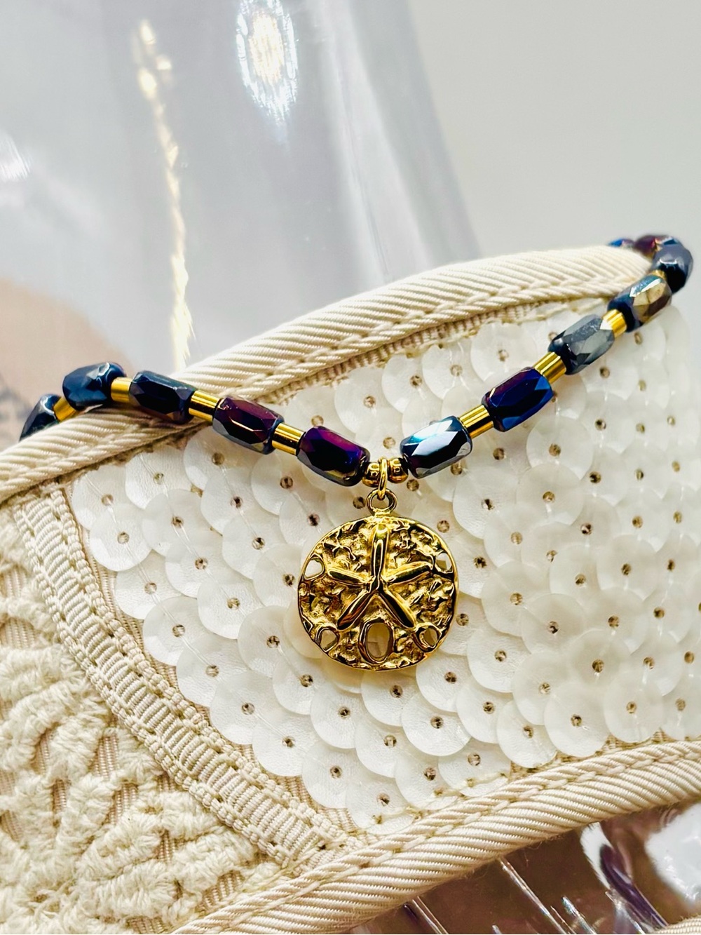 *ANKLET* S. Steel Gold Sand Dollar & AB Dark Purple Crystal Stretchy Anklet - Picture 5 of 6